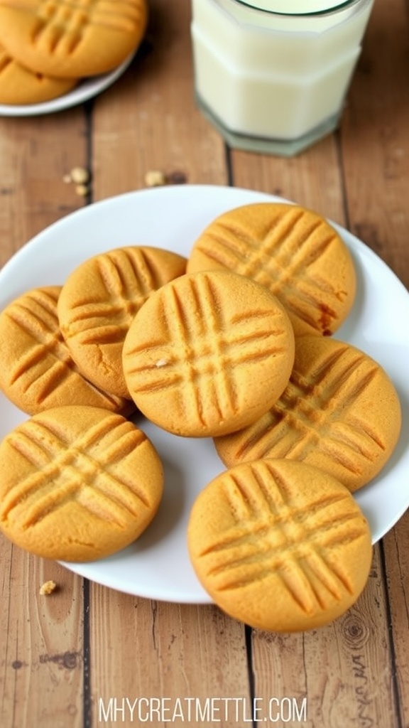 A plate of chewy peanut butter cookies with a crisscross pattern and a glass of milk on a rustic table.